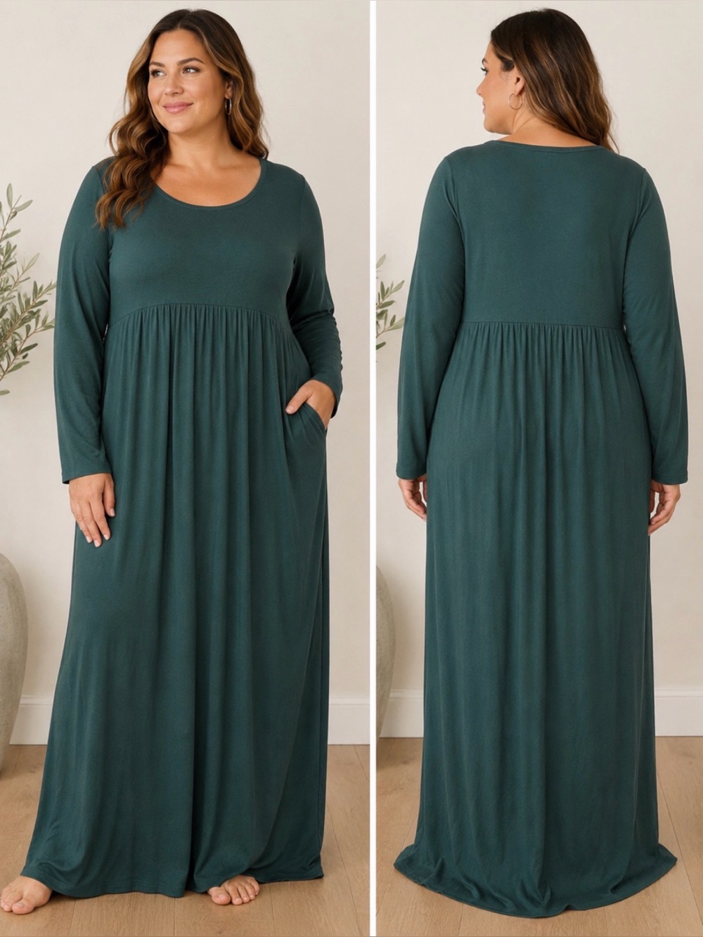 BISHUIGE Green Maxi Dress Women’s 2XL Long Sleeve Empire Waist Boho Stretch
